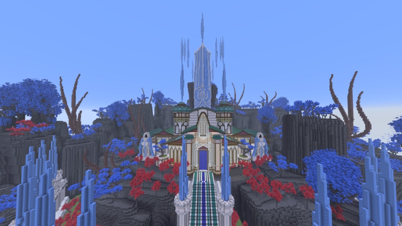 A grand palace surrounded by blue forests and crystal formations