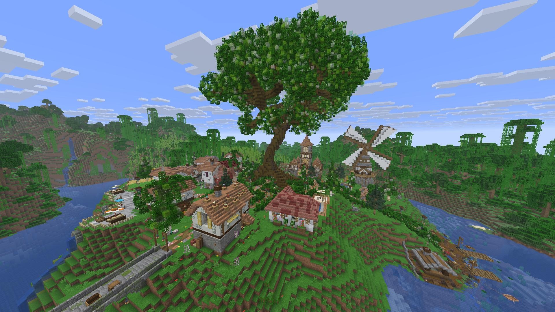 A riverside village with giant tree and windmill in jungle.