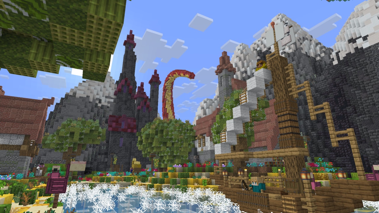 A harbor town beneath mountains with dark castle spires