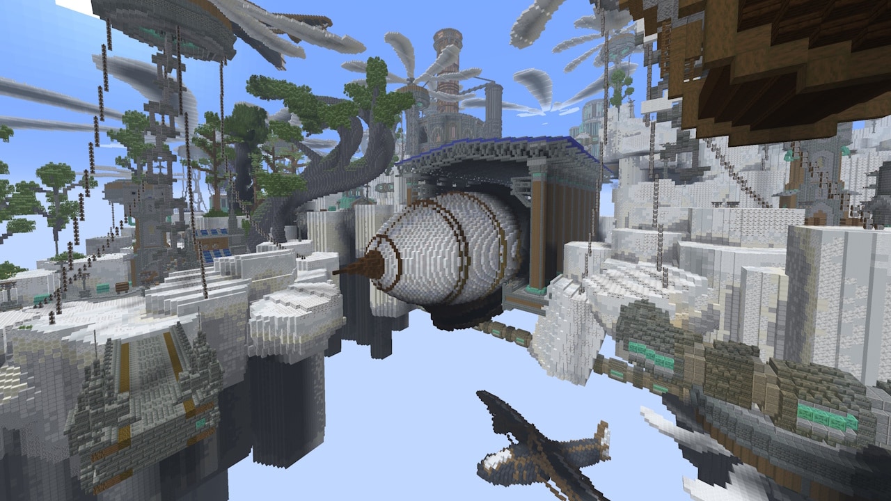 A floating steampunk city with airships and giant machinery