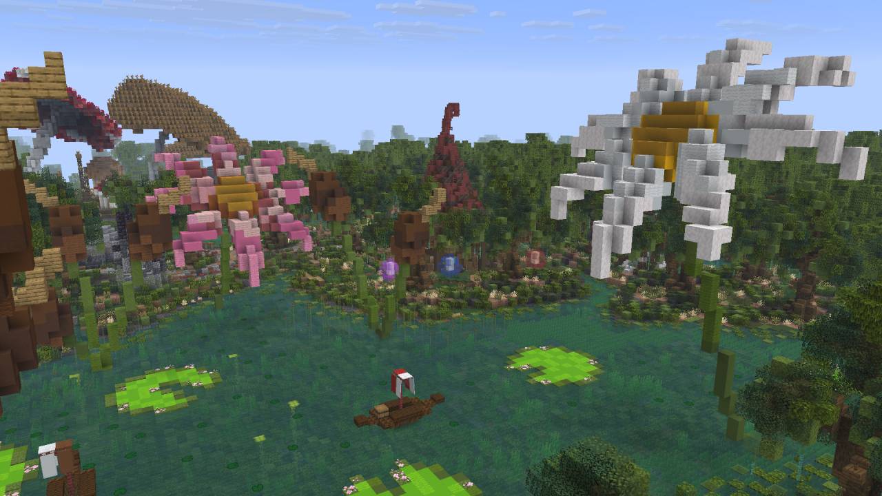 Giant flowers rising above a swamp with tiny boat below.