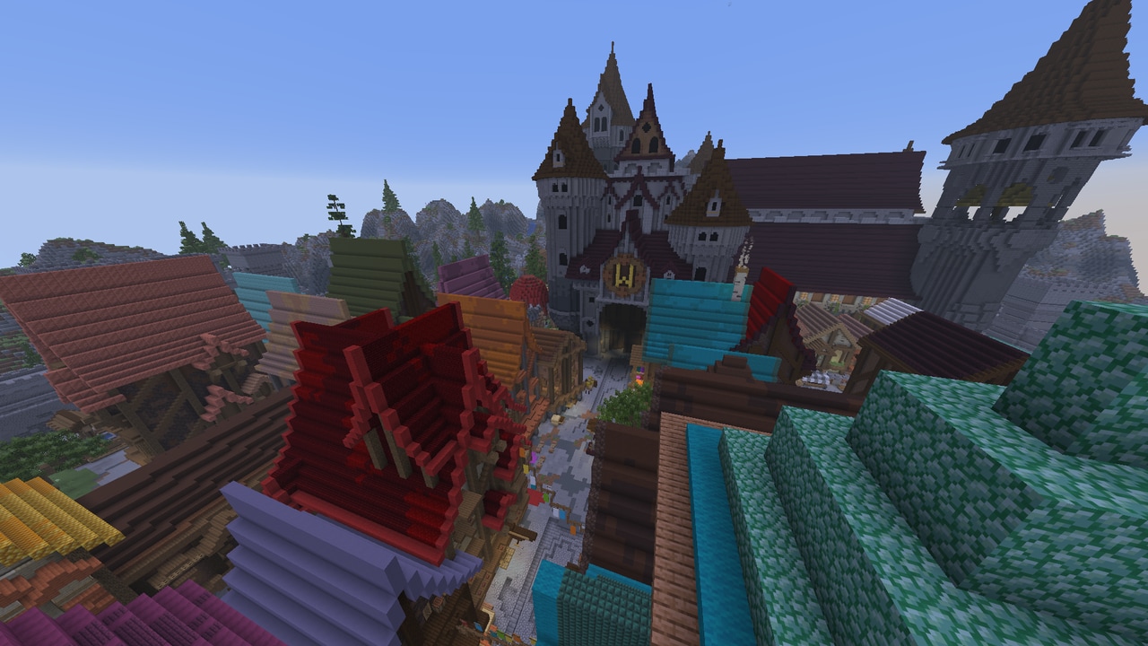 A colorful medieval city with castle and market streets