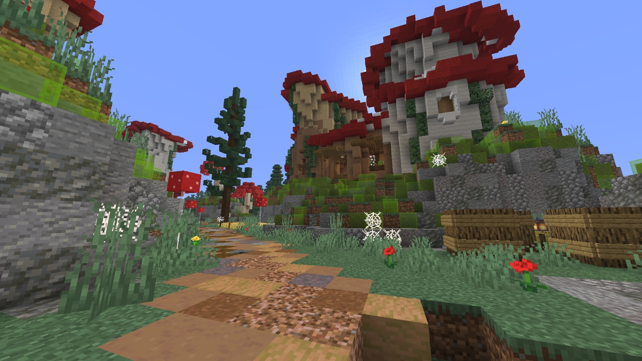 A mushroom village with winding path and towering red caps.