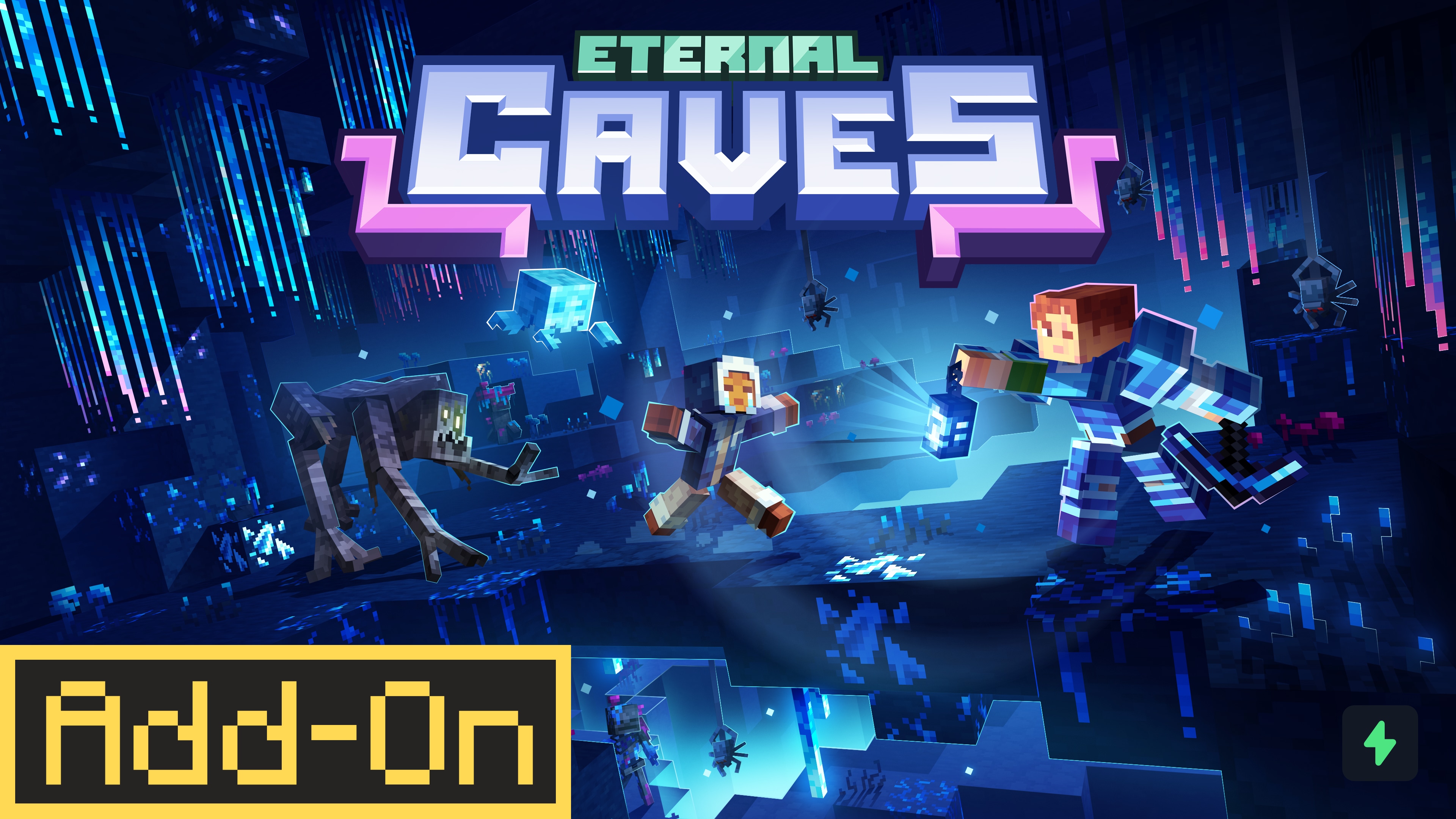Two players in Minecraft escaping hostile mobs in a mine with the title Eternal Caves Add-On.