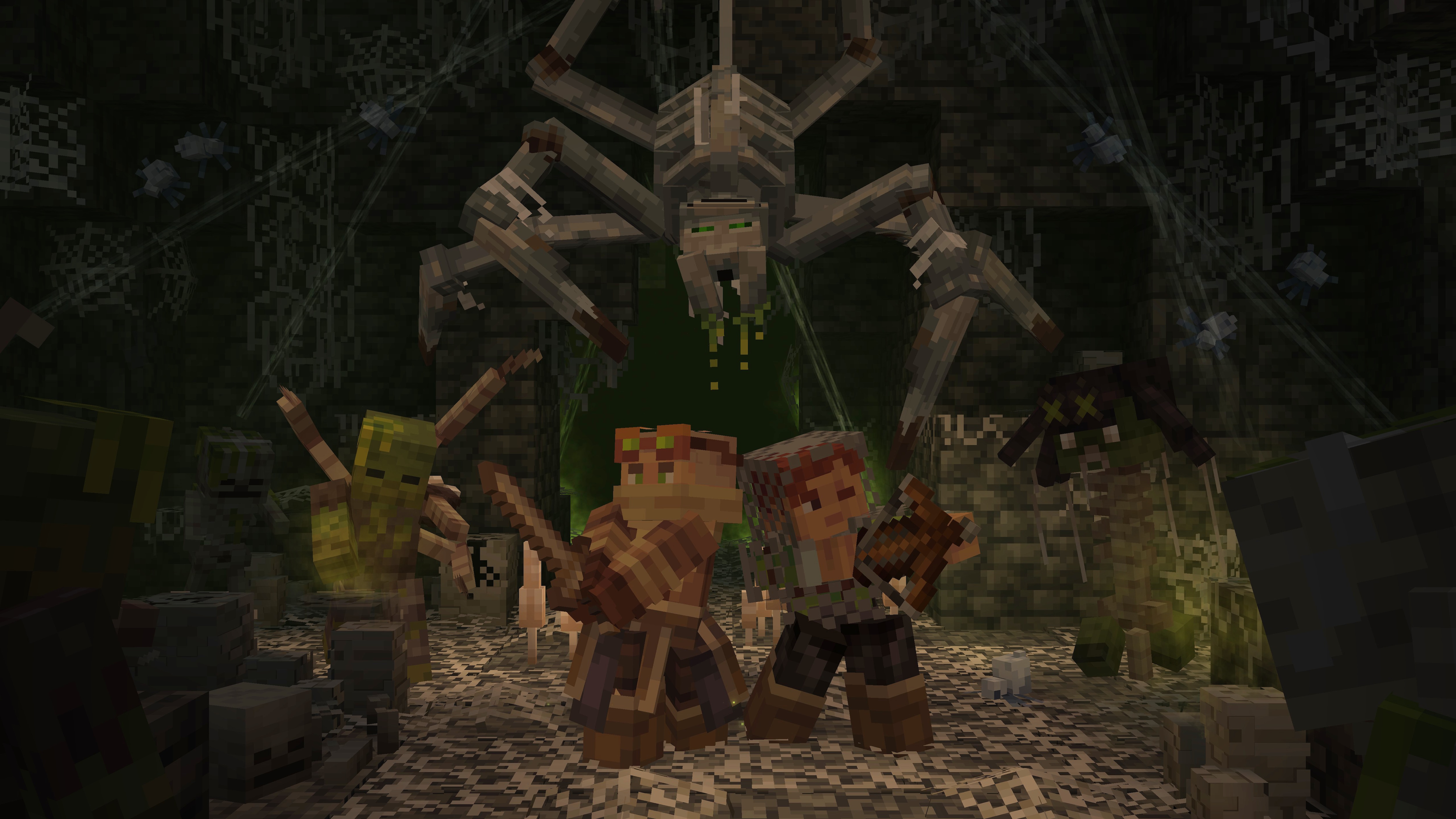 Two players in Minecraft hold of an attacking spider and other hostile mobs.