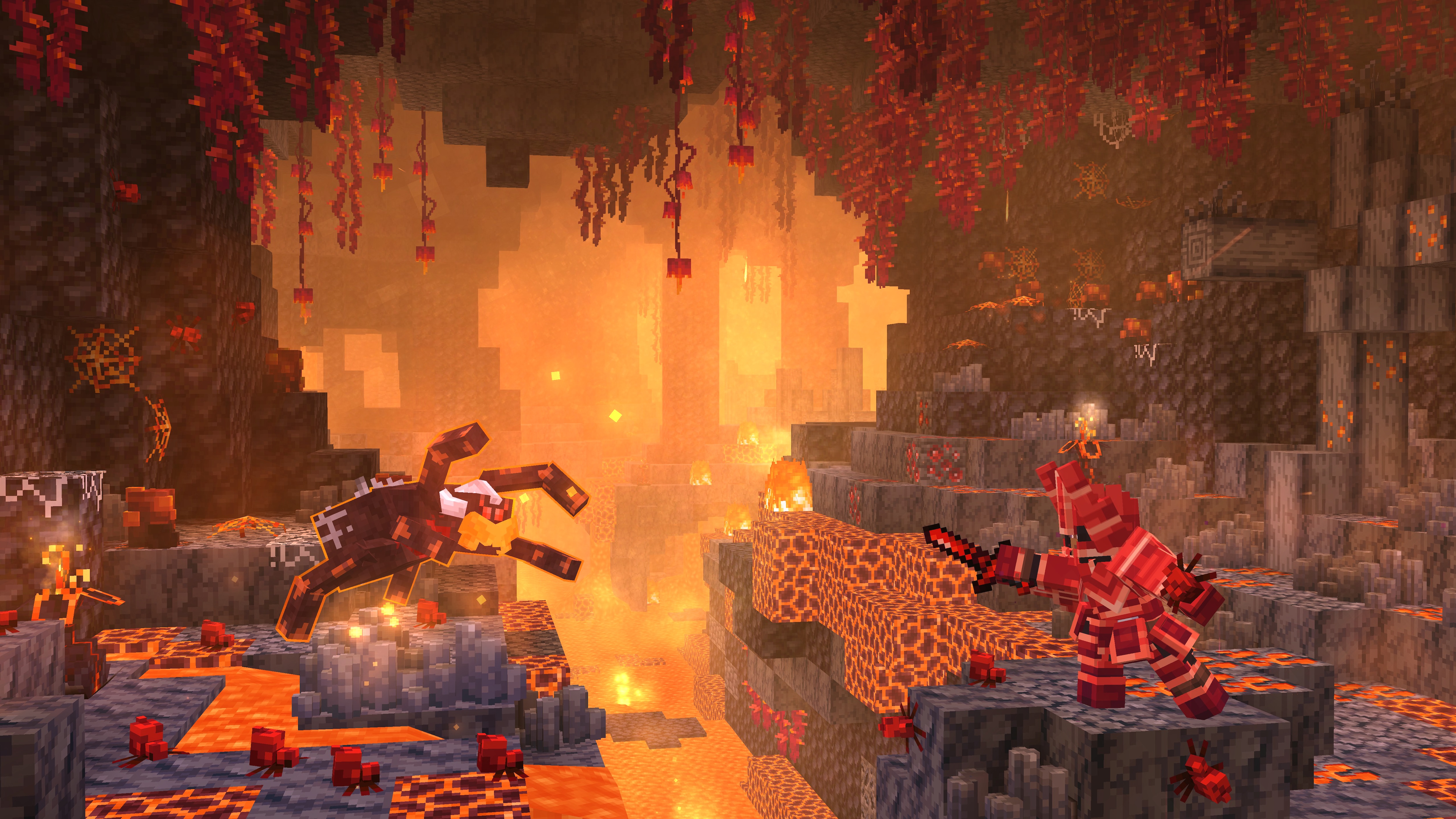 A player in Minecraft explores a lava cave.