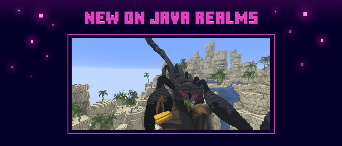 Pink text says NEW ON JAVA REALMS. In the image, s large black scorpion-like structure with glowing red eyes towers over a desert canyon filled with sandstone cliffs, palm trees, and winding waterways.