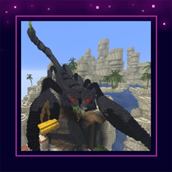 A large black scorpion-like structure with glowing red eyes towers over a desert canyon filled with sandstone cliffs, palm trees, and winding waterways.