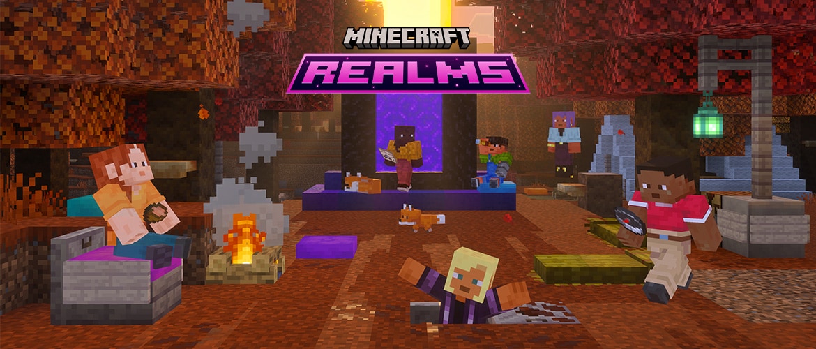 Minecraft Realms artwork showing players relaxing around a campfire and glowing Nether portal, with the Minecraft Realms logo above.