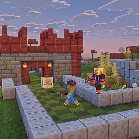 Three players on a minigolf course built in Minecraft.