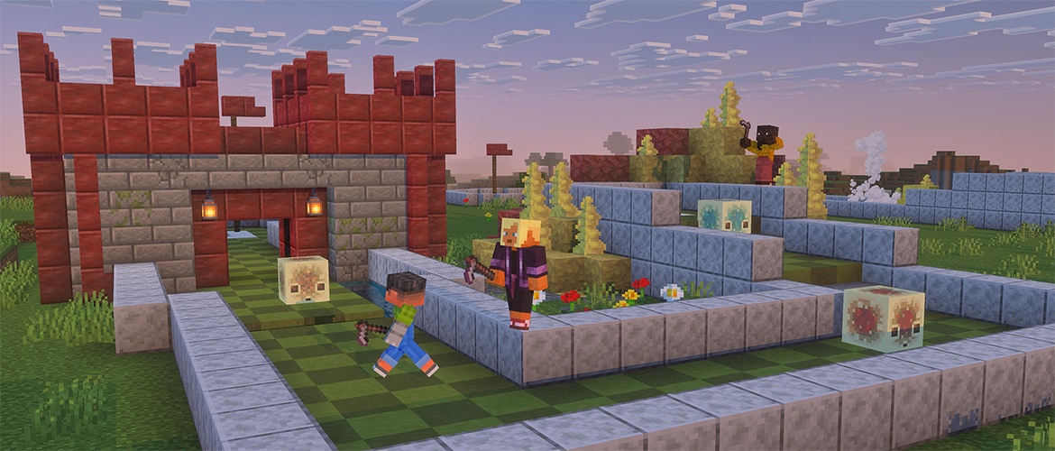 Three players on a minigolf course built in Minecraft.