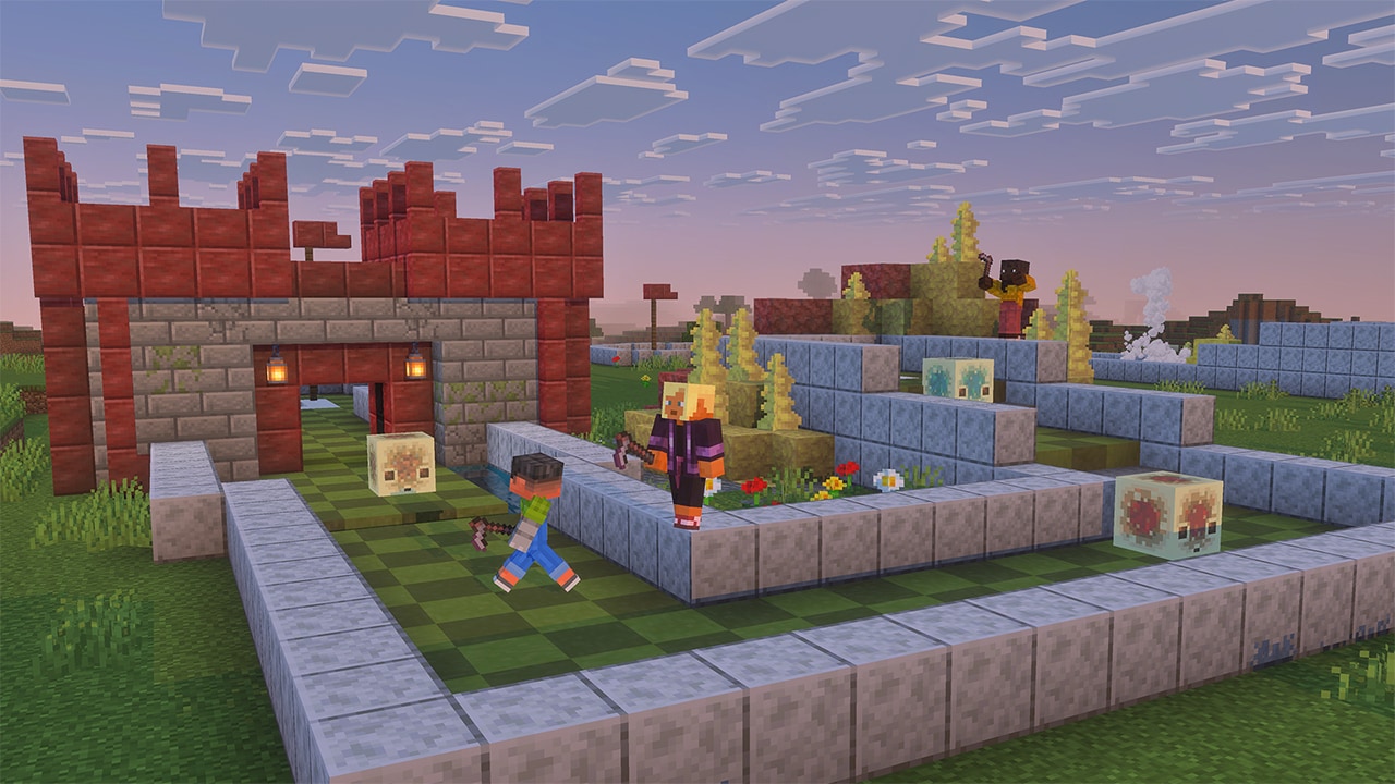 Three players on a minigolf course built in Minecraft.