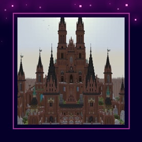 A screenshot of a detailed Minecraft castle sitting upon a frame, with purple space behind it.