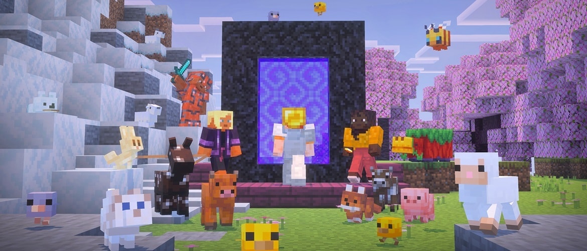 A Minecraft player steps through a Nether portal while mobs and other players gather nearby.