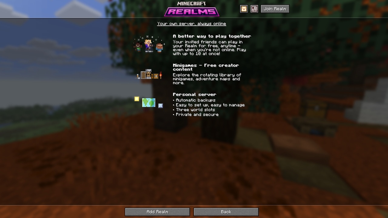 The Minecraft Realms introduction screen highlights multiplayer, free creator content, backups, and server features.
