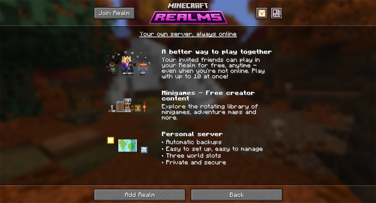 The Minecraft Realms introduction screen highlights multiplayer, free creator content, backups, and server features.