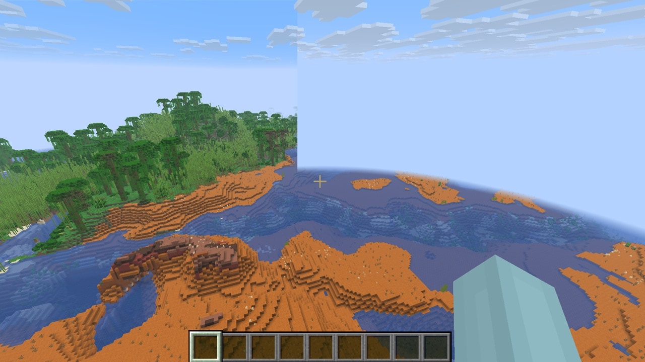 Side-by-side comparison of Minecraft render distance settings, showing a wider landscape view with increased distance.