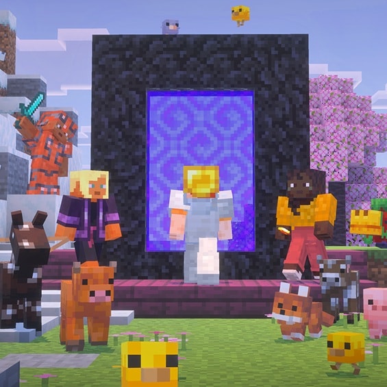 A Minecraft player steps through a Nether portal while mobs and other players gather nearby.