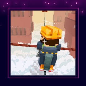 A screenshot from Minecraft, depicting a player balancing on a rope above the clouds.