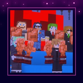 A group of Minecraft players, standing on a stage while holding award trophies.