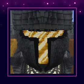 A Minecraft screenshot of a large build resembling a knight's helmet.