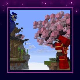 A floating pagoda islands with cherry trees and players dueling.