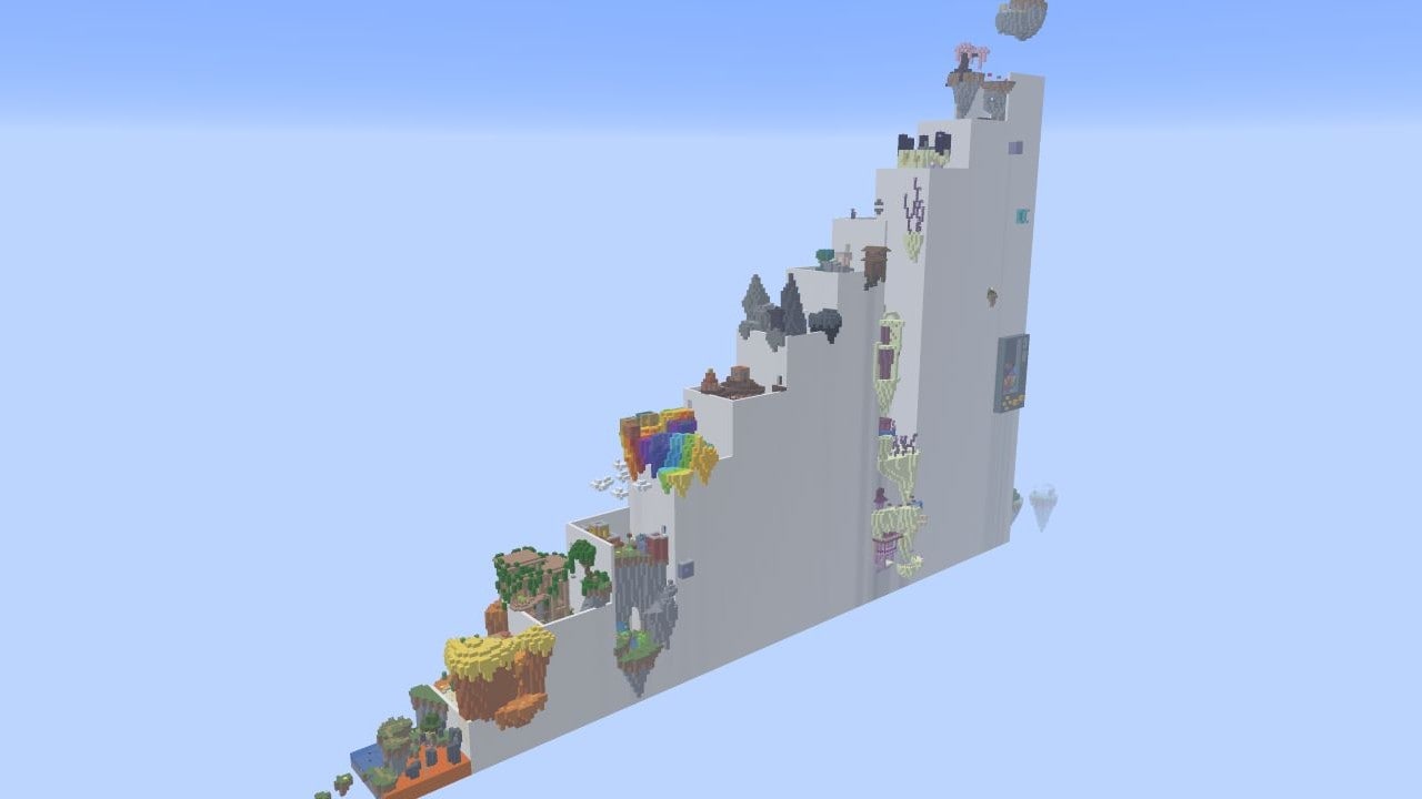 A towering staircase-shaped parkour course rises into the sky, with themed floating environments and platforms built into its steep white walls.