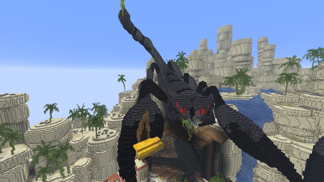 A giant black scorpion with glowing red eyes towers above a desert canyon filled with sandstone cliffs, palm trees, and winding waterways.