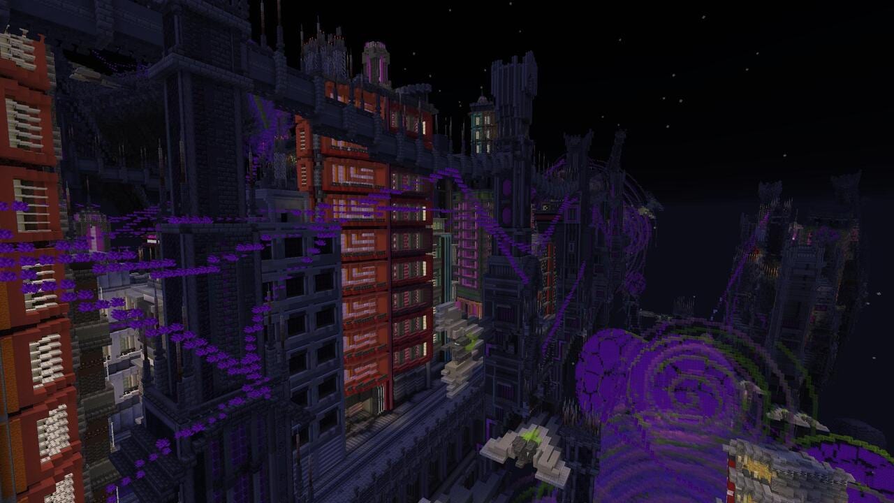 A futuristic city of towering dark skyscrapers glows with purple energy, with illuminated pathways weaving between buildings under a night sky.
