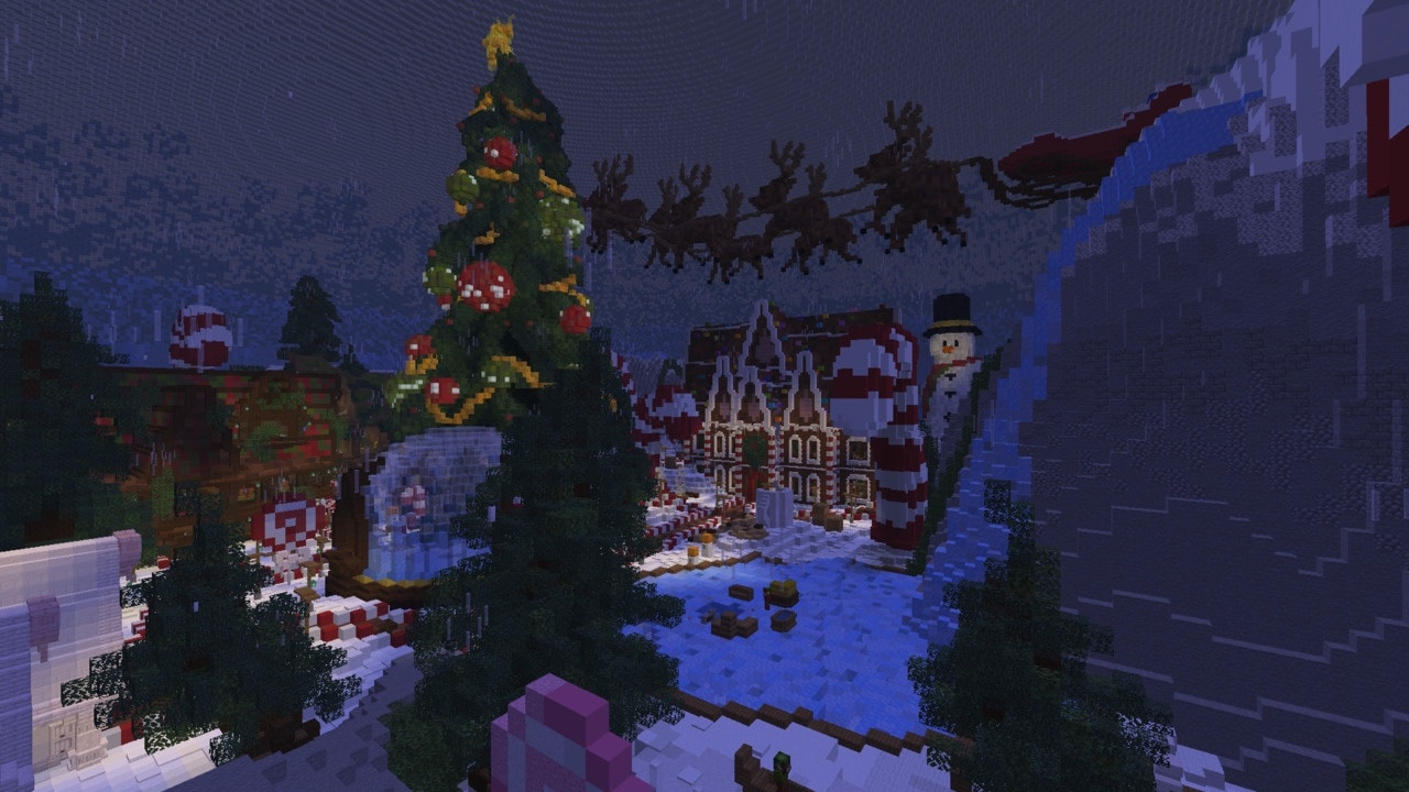 A festive winter village features a towering decorated tree, candy-themed buildings, snow-covered streets, and Santa's sleigh flying overhead.