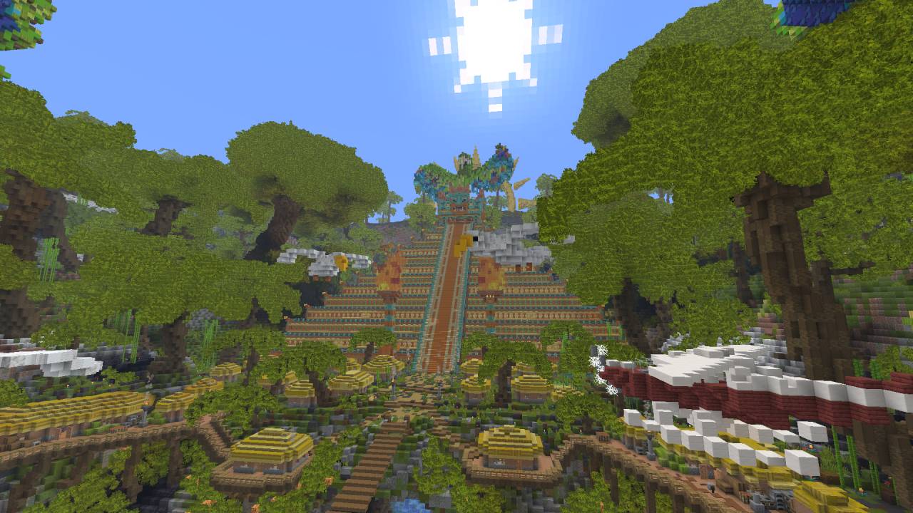 A massive jungle temple rises above a lush tropical settlement, surrounded by dense trees, colorful structures, and elevated walkways.