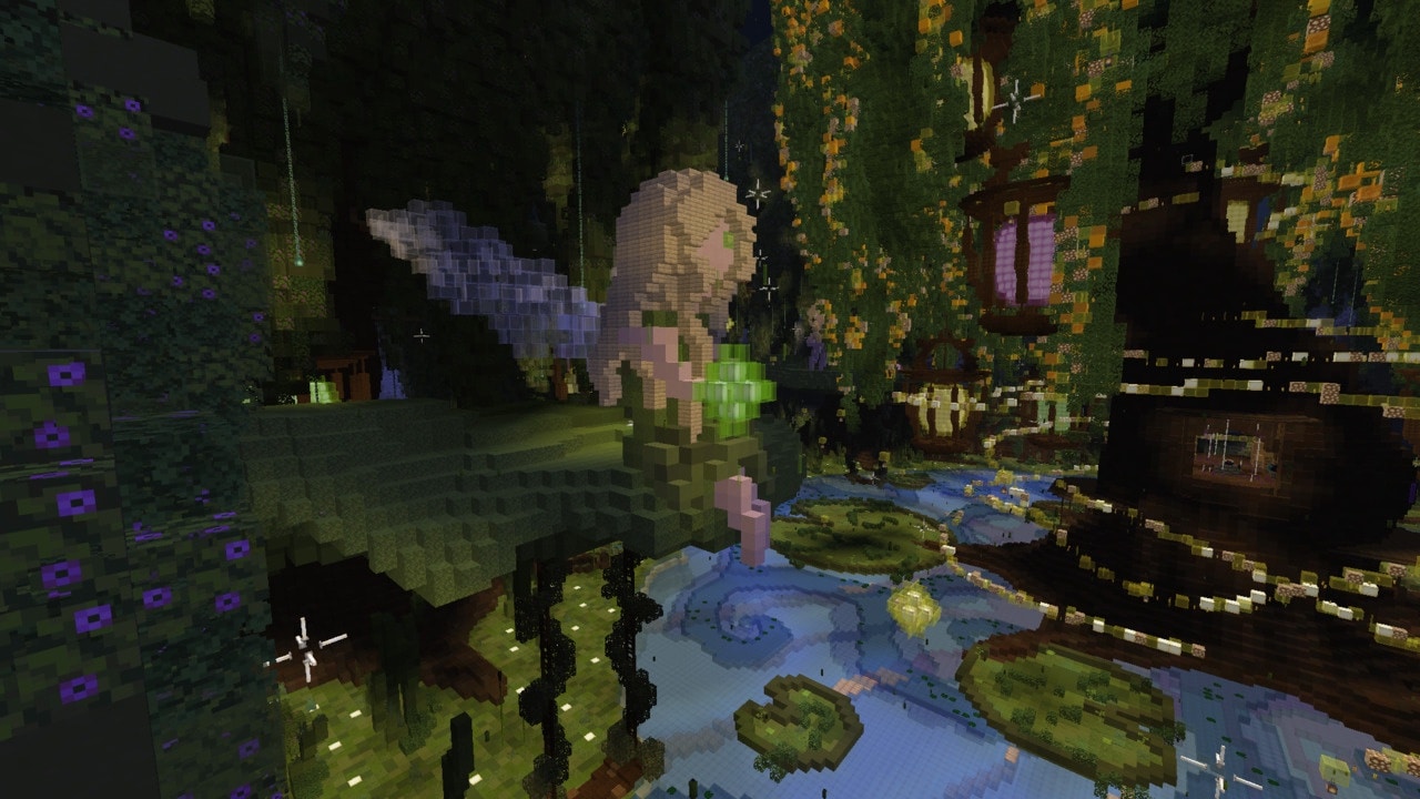 A glowing fairy statue overlooks an enchanted forest filled with hanging lanterns, sparkling lights, vines, and tranquil water features.