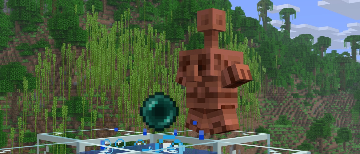 Copper Golem Statue in a star pose standing next to bubble column containing an Ender Pearl, a hill covered by Jungle is in the background