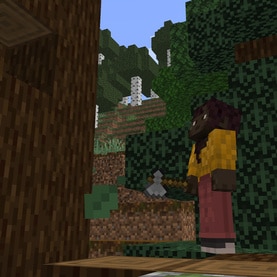 Makena is cutting wood in Taiga with the See-Through Leaves setting turned off. Spruce, Dark Oak and Birch trees are visible in the background. 