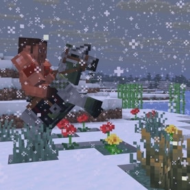 Noor is holding an Iron Spear and riding a Zombie Horse wearing a Iron Horse Armor while it is snowing.