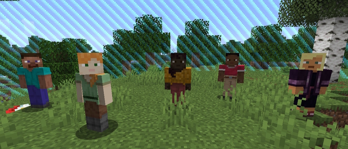 Mannequins of Steve, Alex, Makena, Zuri and Kai standing in a forest with the World Border behind them
