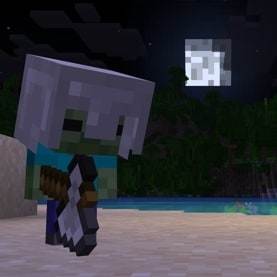 Baby Zombie with an iron helmet is holding an iron axe on a sandy shore below the moon at night