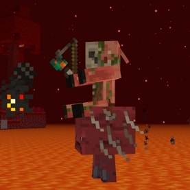 A Zombified Piglin is holding a Warped Fungus on a Stick and riding a Strider in the lava in with Crimson Forest in the background