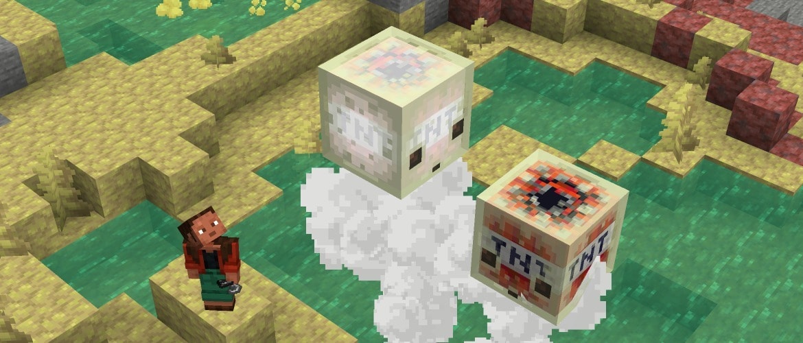 Two Sulfur Cubes containing TNT are hovering on Geysers. One of the cubes has been activated. Noor is standing nearby holding a Flint and Steel in their left hand, looking at the cubes.