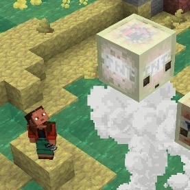 Two Sulfur Cubes containing TNT are hovering on Geysers. One of the cubes has been activated. Noor is standing nearby holding a Flint and Steel in their left hand, looking at the cubes.