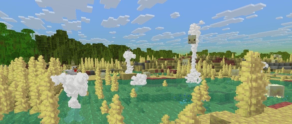 A Sulfur Cube and two chickens are cheerfully hovering on Geysers in a surface sulfur cave biome.