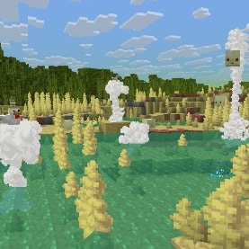 A Sulfur Cube and two chickens are cheerfully hovering on Geysers in a surface sulfur cave biome.