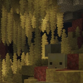 A view of Sulfur Caves with Sulfur Cubes jumping around Sulfur Spikes.