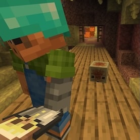 Sunny in a Sulfur Cave mineshaft holding a bucket with a Sulfur Cube while being watched from behind by a Sulfur Cube