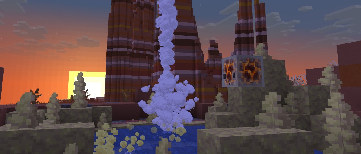 A Sulfur Cube that has absorbed a Magma Block inside a large Sulfur Spring within a Badlands biome at sunset. A geyser is erupting from the spring.