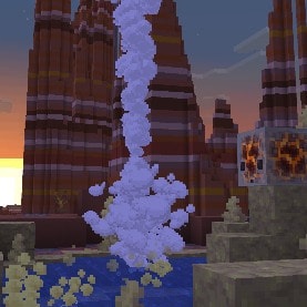 A Sulfur Cube that has absorbed a Magma Block inside a large Sulfur Spring within a Badlands biome at sunset. A geyser is erupting from the spring.