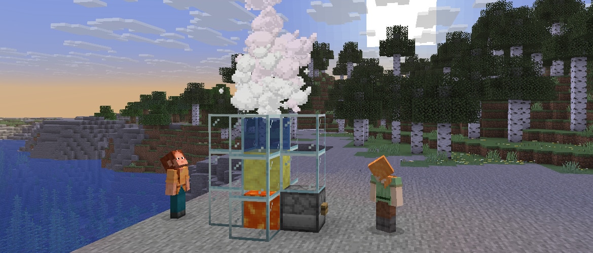 Alex and Ari are standing on a stony shoreline around a contraption with a dispenser that has dispensed lava under a Potent Sulfur block. A geyser is erupting above the potent sulfur. Alex is looking at a button on the dispenser, while Ari is looking at the geyser. The sun is rising over a birch forest in the background.