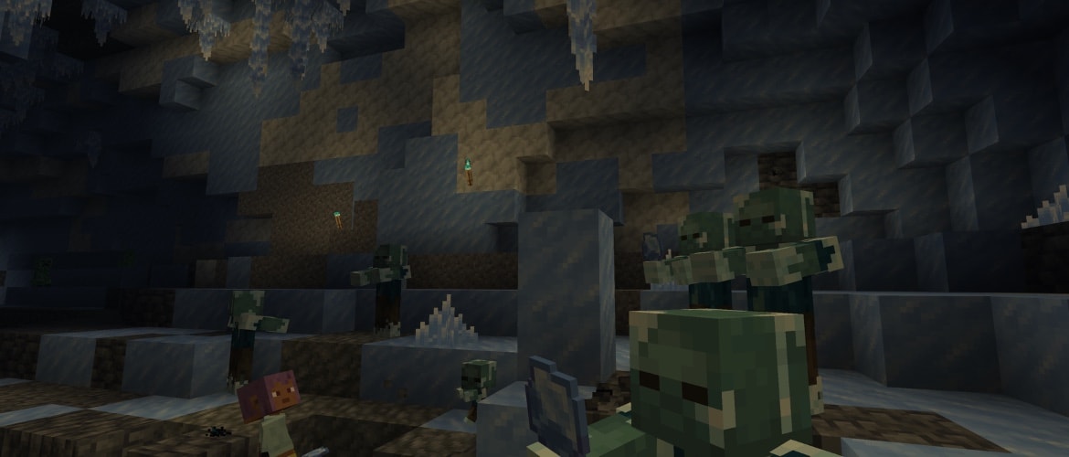 Efe explores an Ice Cave with hanging Icicles and glowing Ice Crystals; surrounded by several Frostbite mobs, some of which are holding Ice Balls
