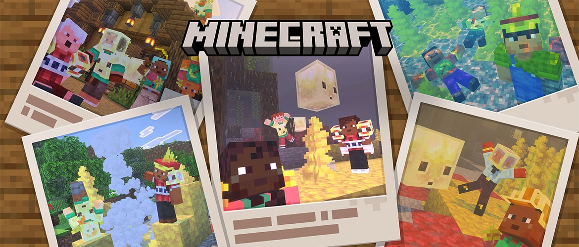 An image showing Minecraft screenshots in little polaroid frames