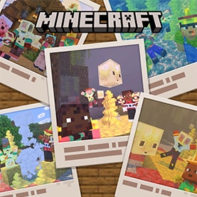 An image showing Minecraft screenshots in little polaroid frames